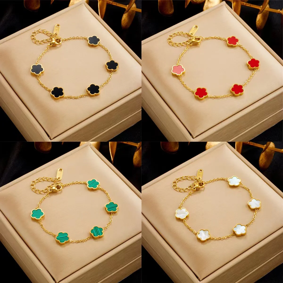 316L Electroplated Single Sided Shell Adjustable Plum Blossom Bracelet Five Leaf Flower Plant Luxury Women Stainles Steel Clover