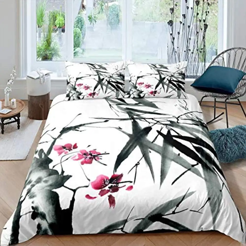 Japanese-Style Bedding Mountain Peak for Women Men Ink Painting Duvet Cover Hand Painted for Bedroom Room Decoration Grey White