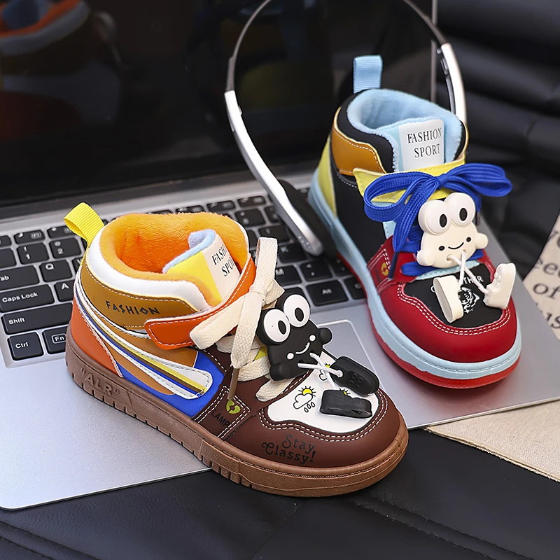 Winter Plus Velvet Sneakers Boys Girls Fashion Casual High Top Children's Skateboard Shoes Original Blue Keep Warm Kids Trainers