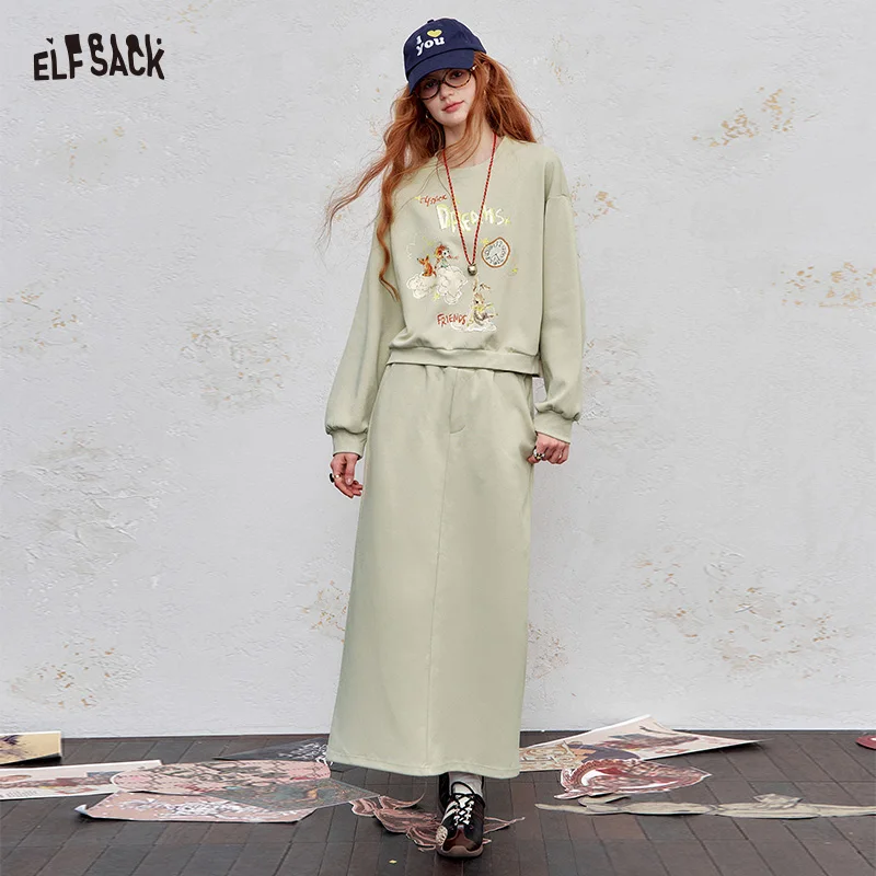 

2025 Autumn ELFSACK New Arrivals Casual Cartoon Embroidery Solid Color Hoodie Dress Set Lounge Wear For Women
