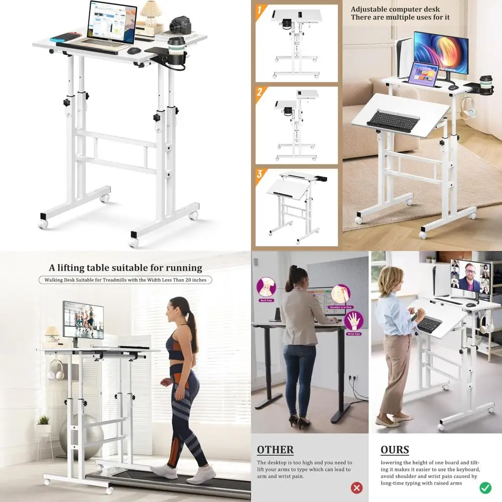 Portable Rolling Standing Desk with Wheels, Mobile Adjustable Height Desk, Compact Stand-Up Desk for Office and Walking Pad Use