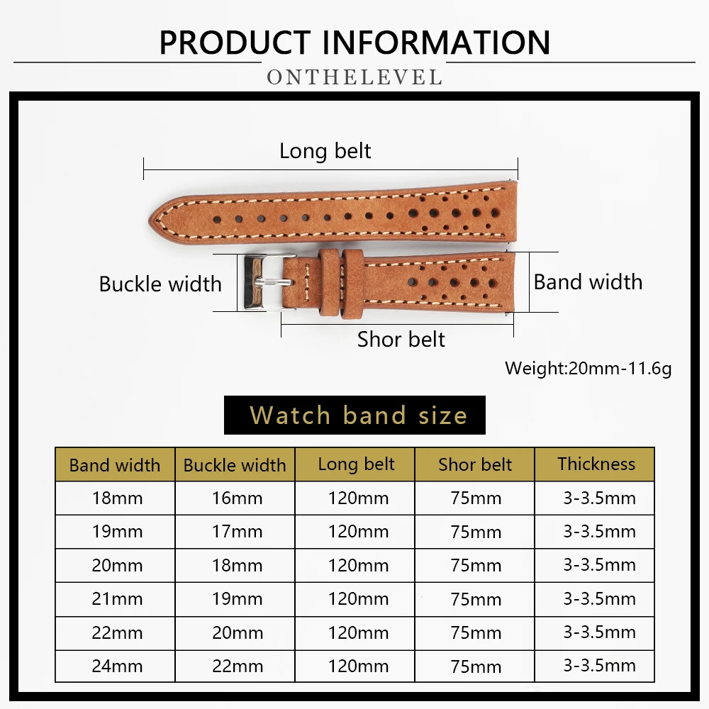 Vintage Handmade Watchband Cowhide Breathable Porous Strap Watch Band Replacement Bracelet Belt 18mm 19mm 21mm 20mm 22mm