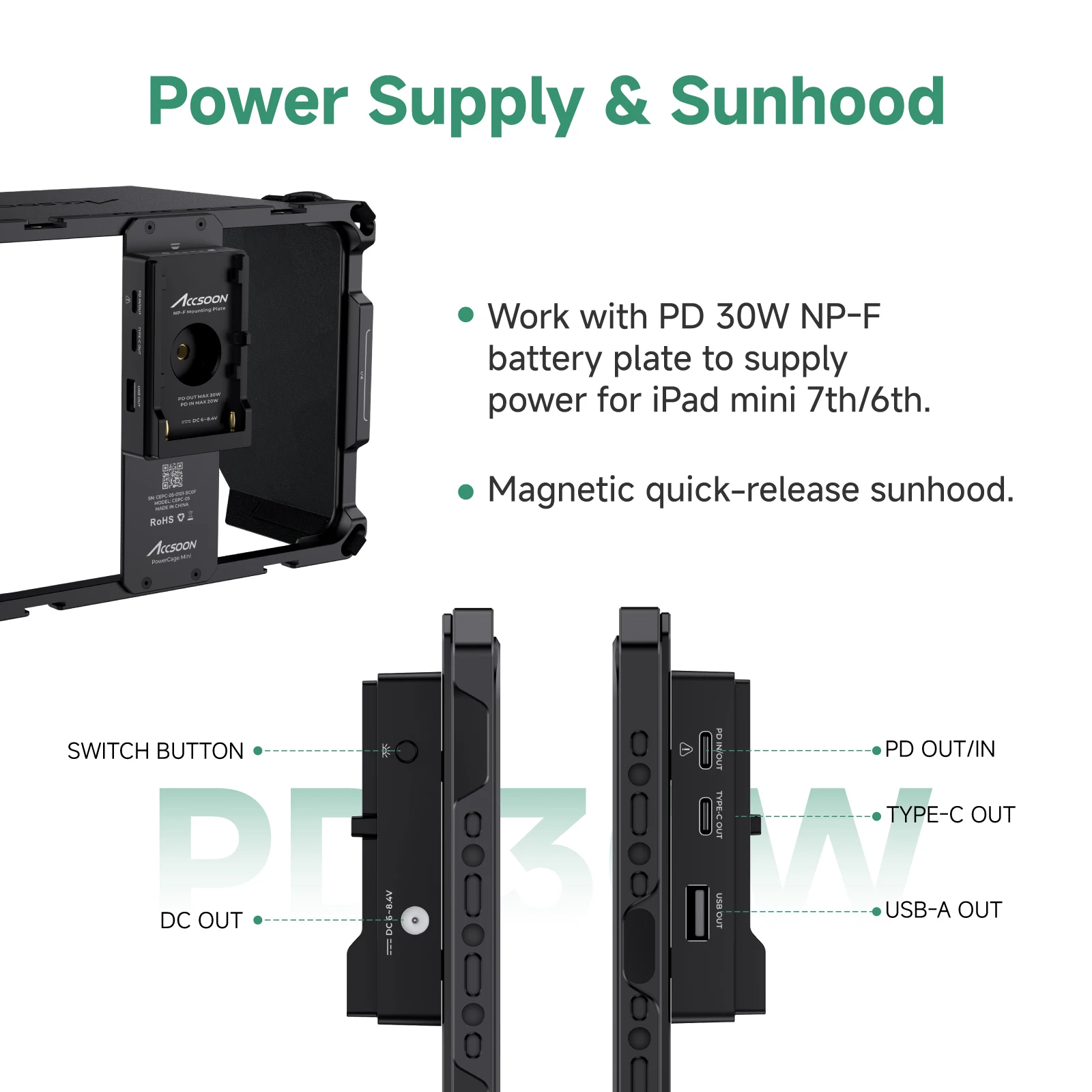 Accsoon PowerCage Mini per Ipad Cage Mini6 da 8,3 pollici con cappuccio solare NP-F Ricarica batteria per accessori SeeMo/SeeMo pro 4K