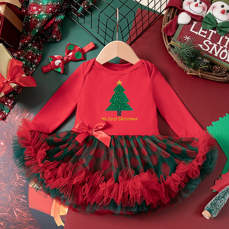 Christmas New Dress Baby Long-Sleeved Halter Frock Children Mesh Cartoon Skirt Newborn Party Clothes New Girls Bow Tie Dresses