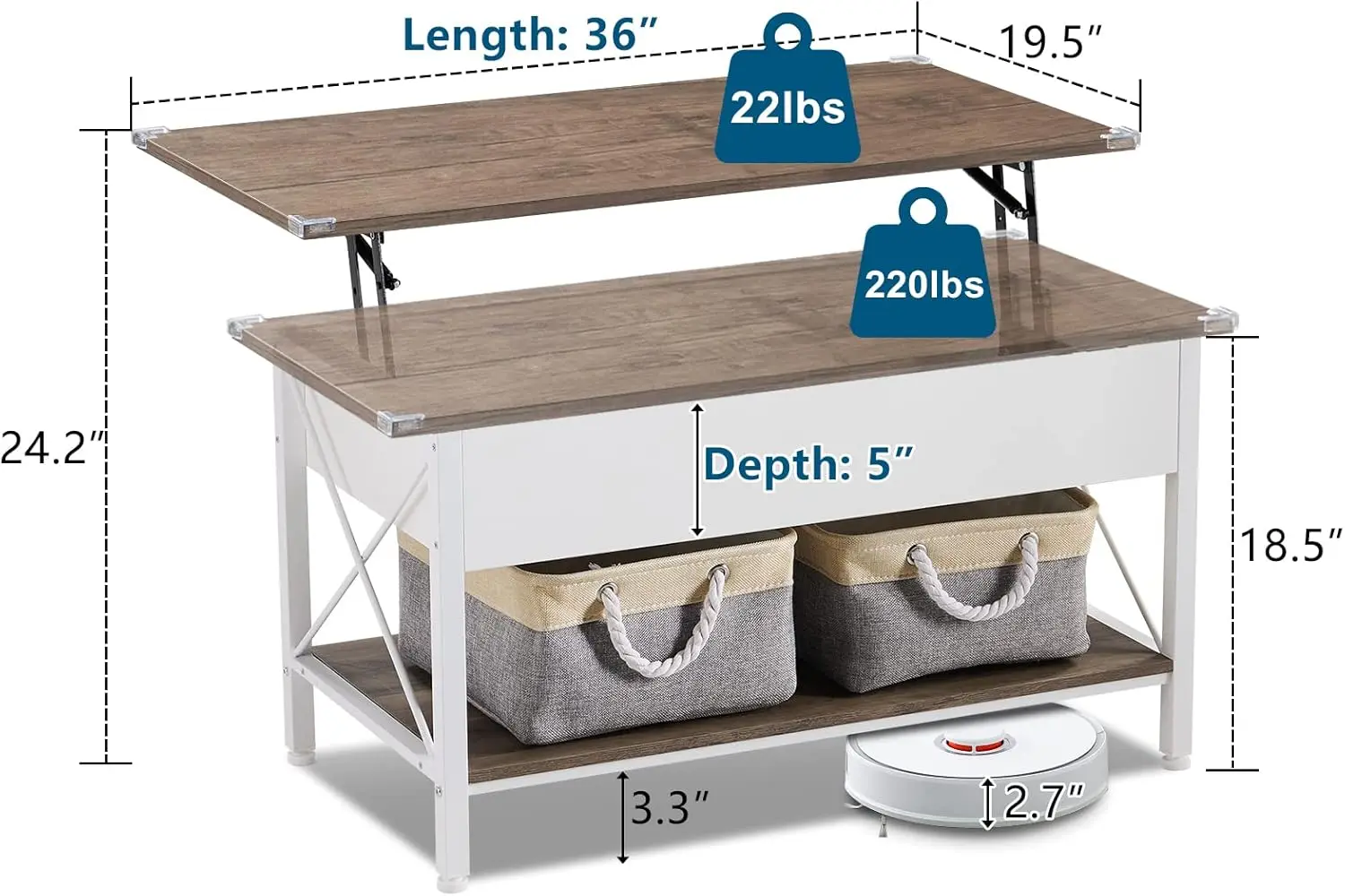 Table basse relevable avec bacs de rangement pour grill gratuits, petite table basse moderne pour salon, album, cadre