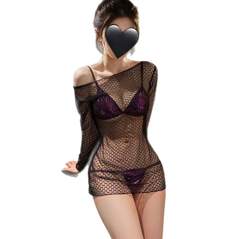 Seductive Fishnet Featuring One-shoulder Design Sexy Alluring Fishnet Mesh Dress Purple Bra Lingerie Sleepwear Set 6RH7