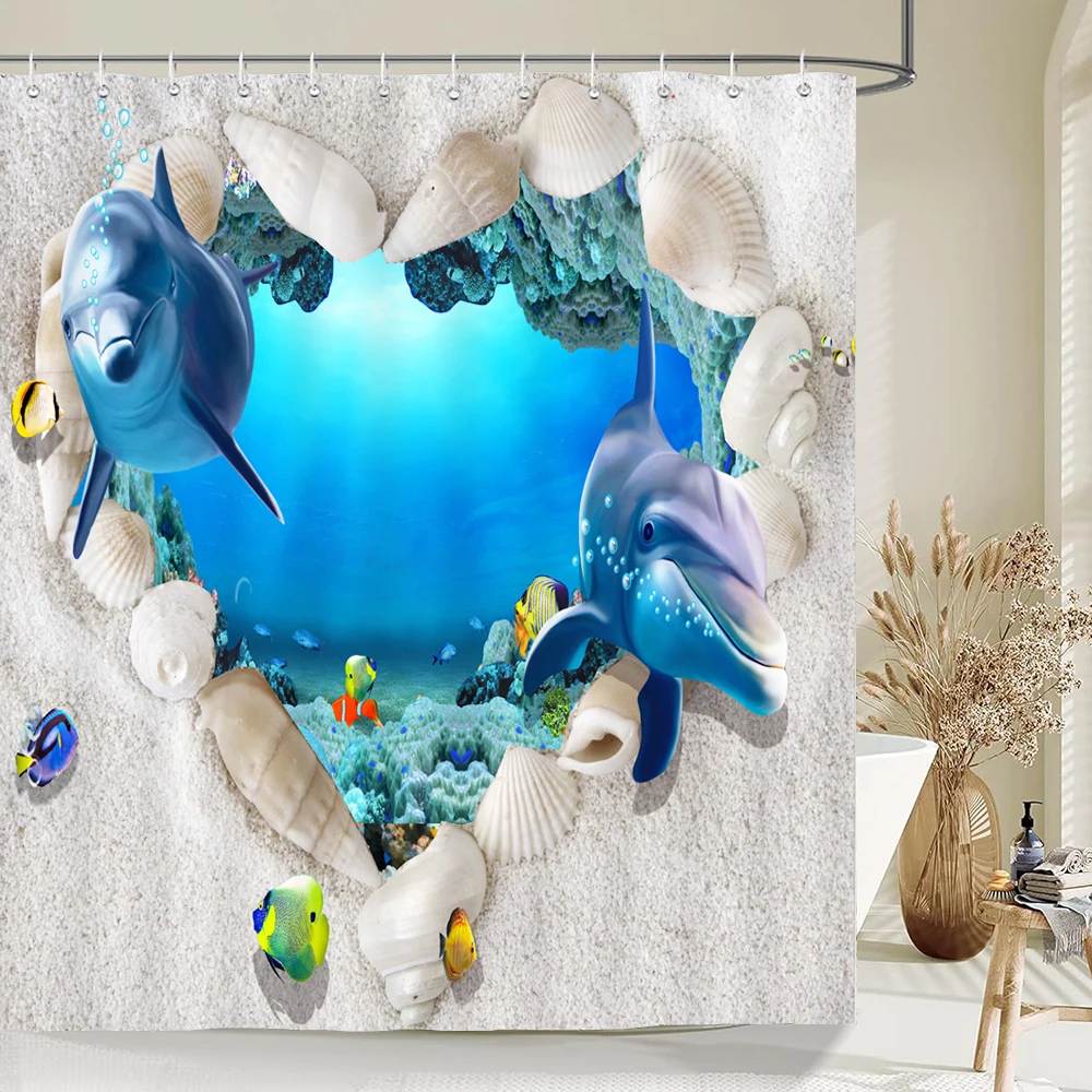 

1pc Marineland pattern shower curtain waterproof fabric shower curtain Ocean Sea Dolphin shower curtain with hooks