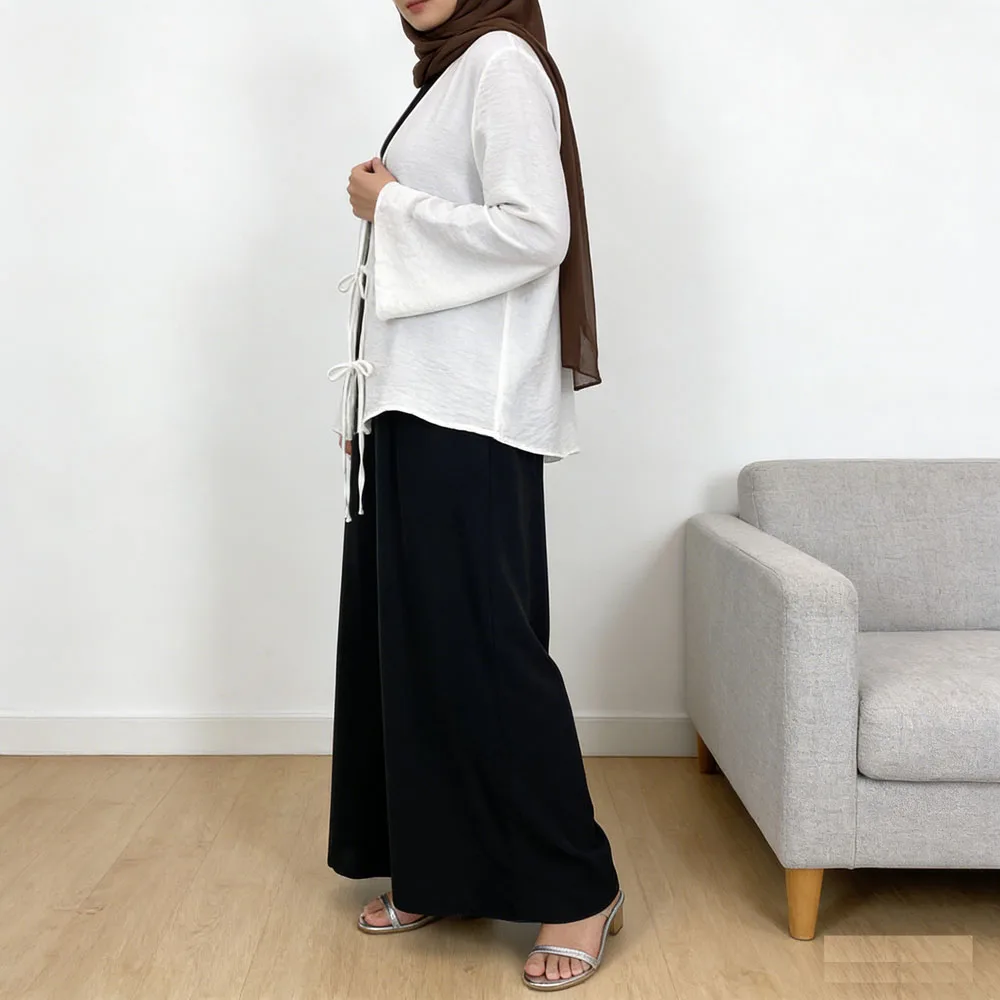 

New Ramadan Muslim Women Casual Long Sleeve Lace-Up Bow Shirts Tops Abaya Dubai Kaftan Islam Clothing Femme Blouse Kimono Outfit