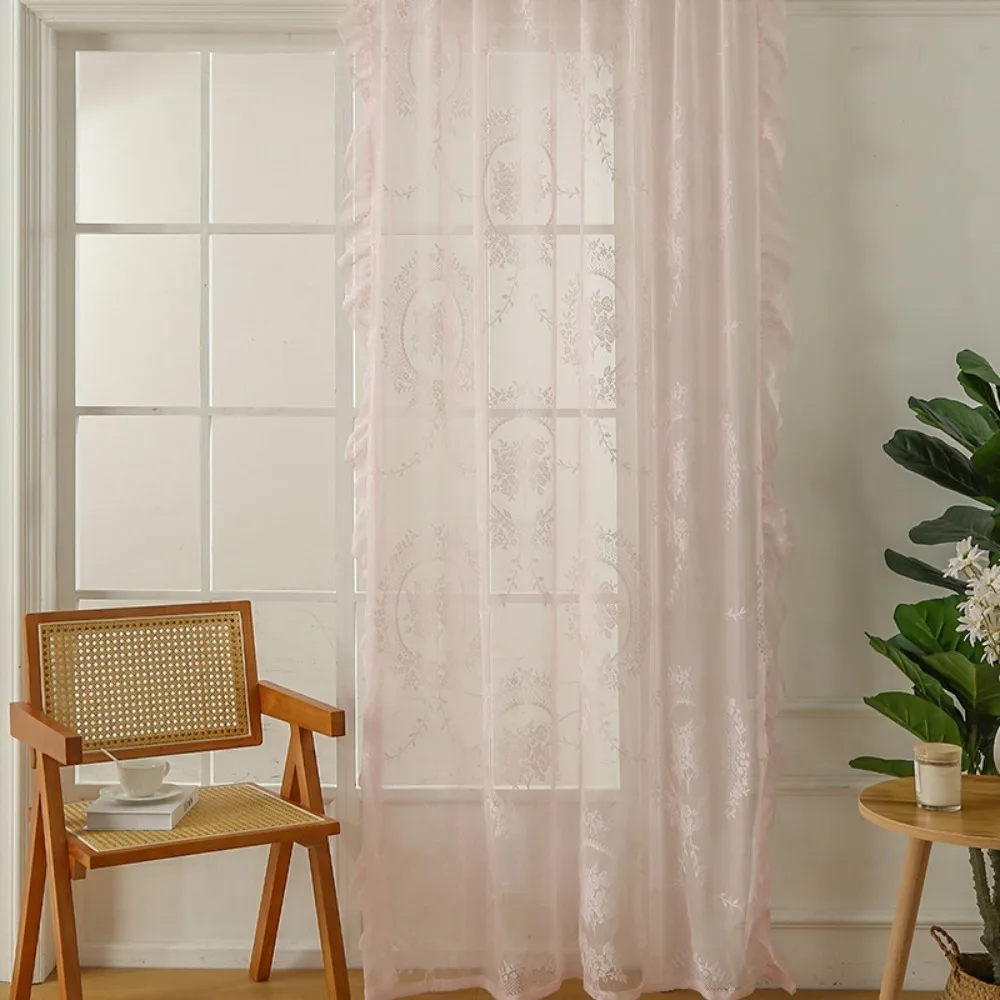 2 Pcs Home Decor Ruffled Edge French Lace Floral Curtain Retro Embroidered Gauze Curtain Rustic Lace Sheer Curtain Living Room