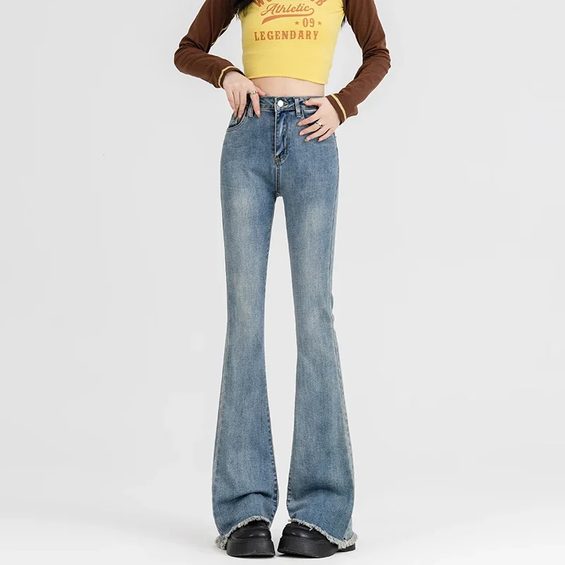 สาวแฟชั่นกางเกงยีนส์เอวสูงเสื้อผ้าผู้หญิงสุภาพสตรี Casual Streetwear Lim-Fit DENIM กางเกงหญิง VINTAGE Bell-bottoms 7799