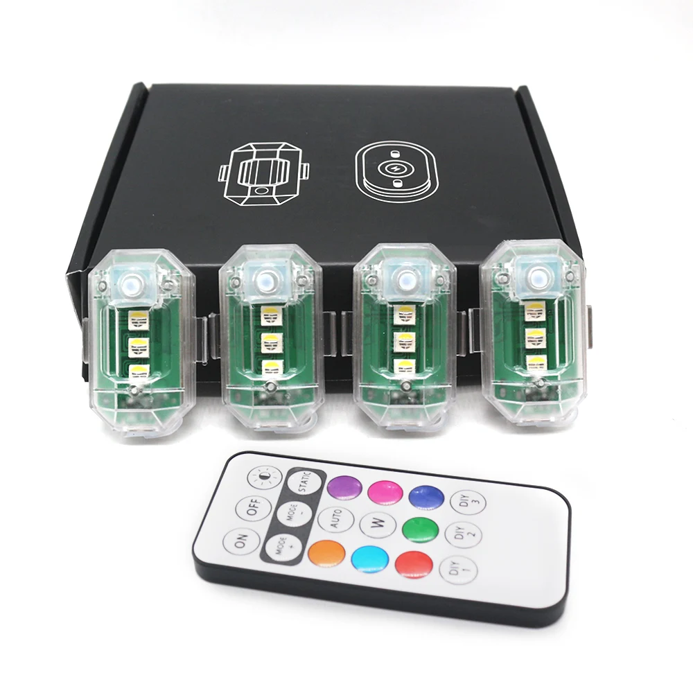 4pcs Wireless LED Strobe Lights with Remote Control, 8 Colors USB Charing Waterproof Anti-Collision Led Emergency Warning Lights