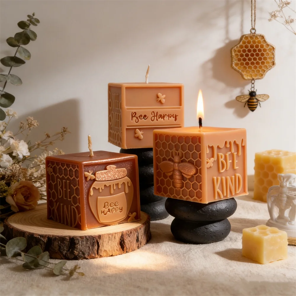 Molde de silicona Bee Happy con relieve para velas aromáticas cuadradas, velas hexagonales con diseño de abejas, velas cilíndricas con diseño de panal de abejas y velas cilíndricas con diseño de tarro de miel, para la fabricación de artesanías de yeso per