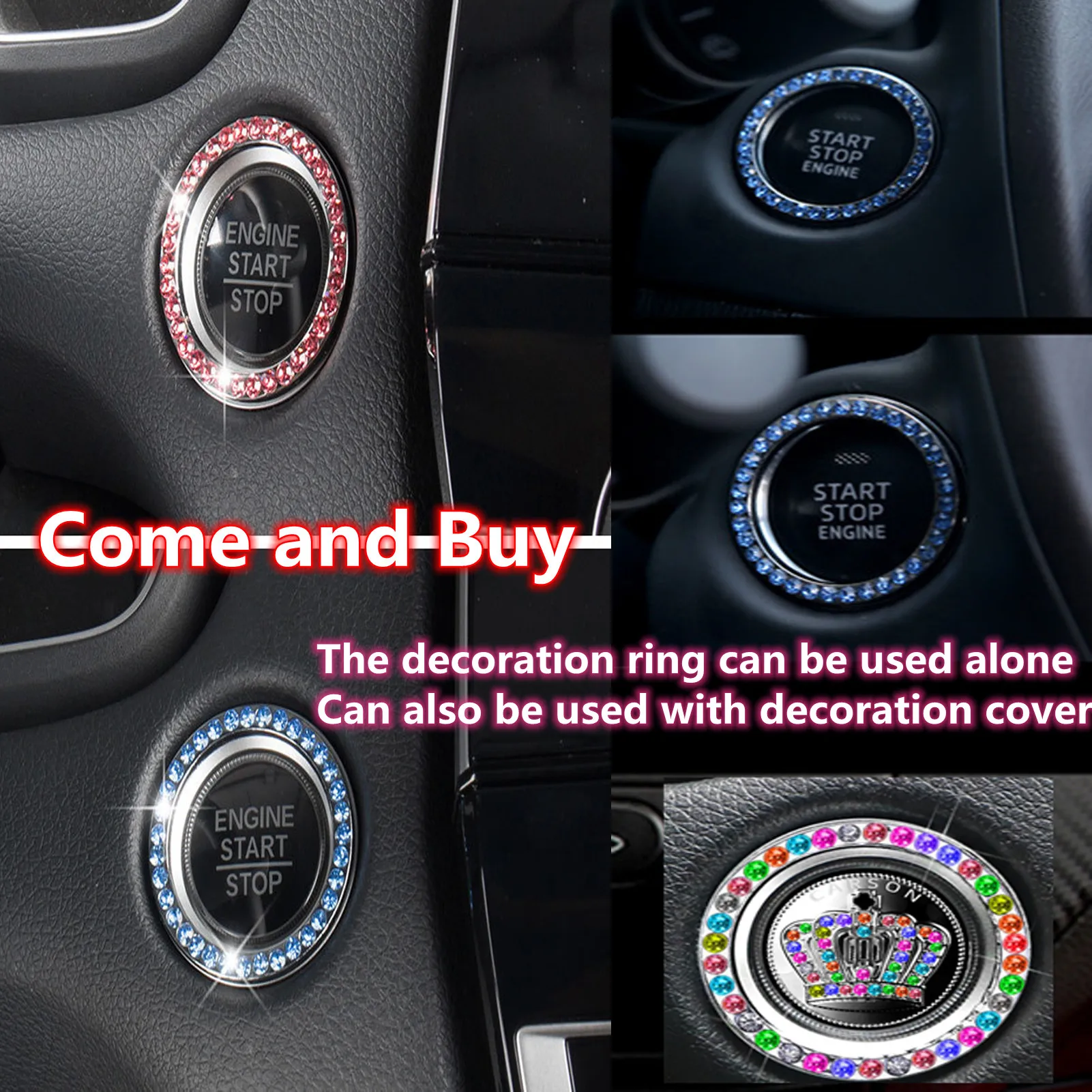 Auto Kristal Strass Bling Ring Crown Emblem Sticker Drukknop Sleutel Lgnition Starter & Knop Ring Auto Interieur Accessoires