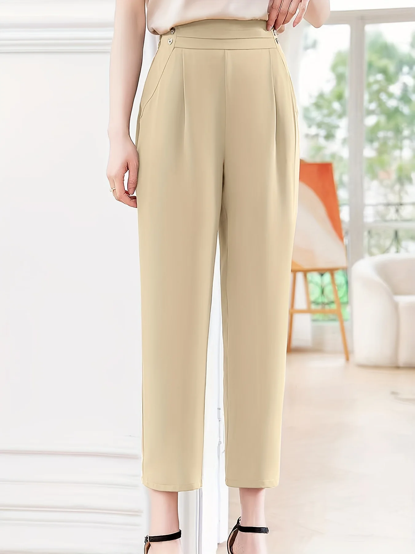 Letnie nowe elastyczne spodnie damskie typu \"tykwa\" z elastyczną talią, w jednolitym kolorze, do noszenia na co dzień, długość 7/8.