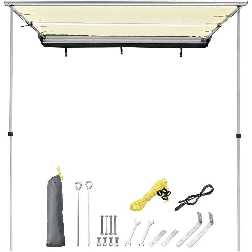 

Car Side Awning with LED Light Pull Out Tent Shelter PU2000mm UV50+ Shade SUV Outdoor Camping Beige, 6.6x8.2'