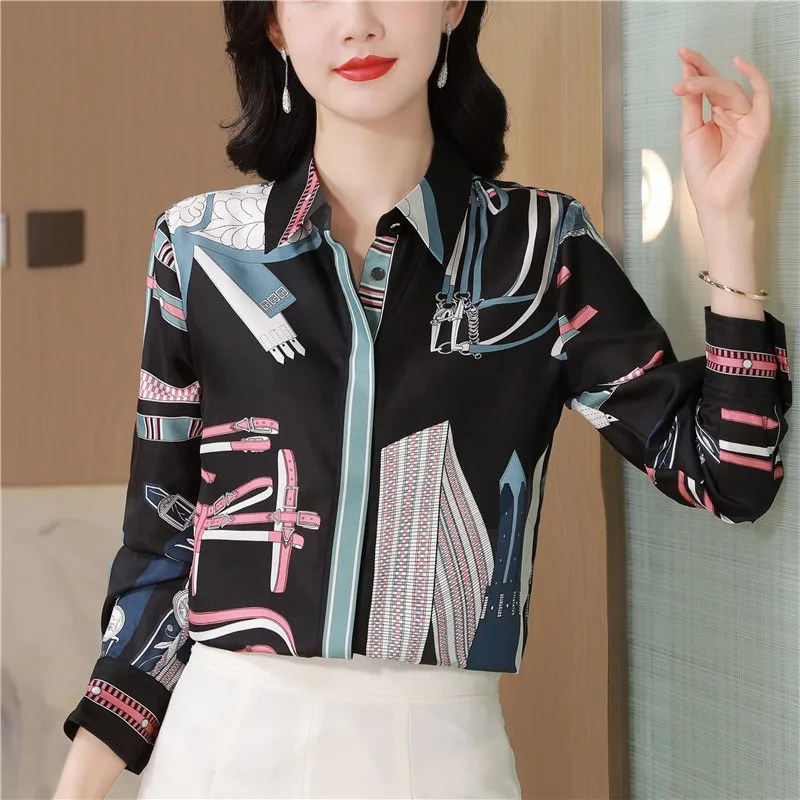 Vintage Damen Blusen Bedruckte Freizeithemden Mode Lose Sommer Koreanische Kleidung Langärmelige Satin Damen Tops