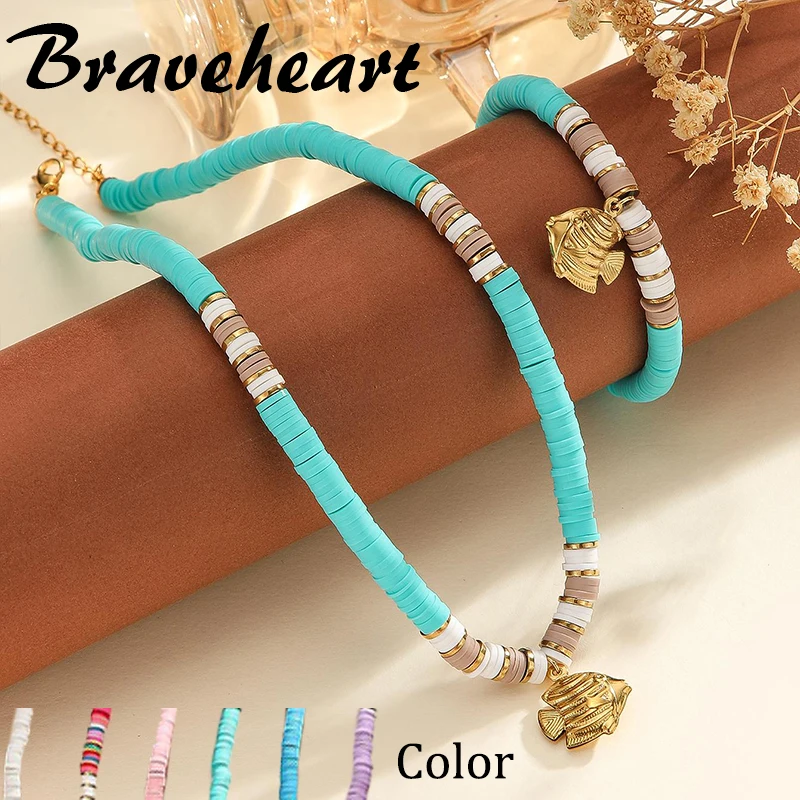 

Summer Beach Boho Colorful Bracelet Necklace With Gold Plated Charms For Women Soft Polymer Clay Beads Chain Jewelry Set Gifts