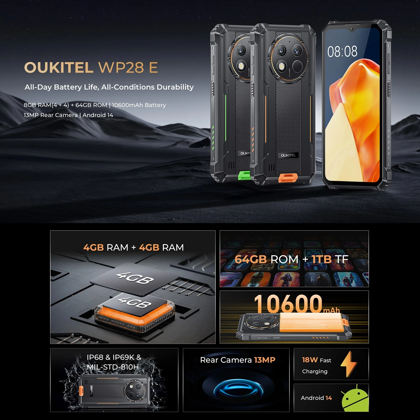 Oukitel WP28 E Rugged Smartphone 6.52‘' HD+ Display 10600mAh Android 14 Unisoc T606 Mobile Phone 4GB 64GB 13MP Camera 18W NFC 4G