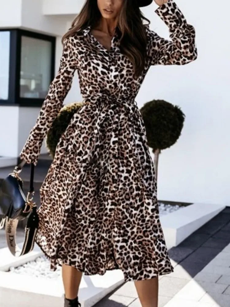 Yeezzi Frauen Sexy Mode Leopard Revers Hemd Kleid Lange Ärmel Mit Knöpfen Split-seite Streetwear Casual A-Line Midi Kleider 2025