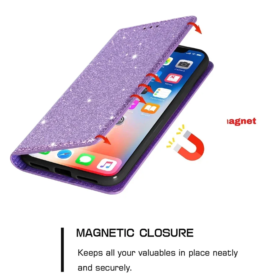 Wallet Bling Glitter Slot Magnetic Flip Suction Leather Case For iPhone 16 Pro Max 15 Plus 14 13 Mini 12 11 SE 2025 X XR XS 8 7