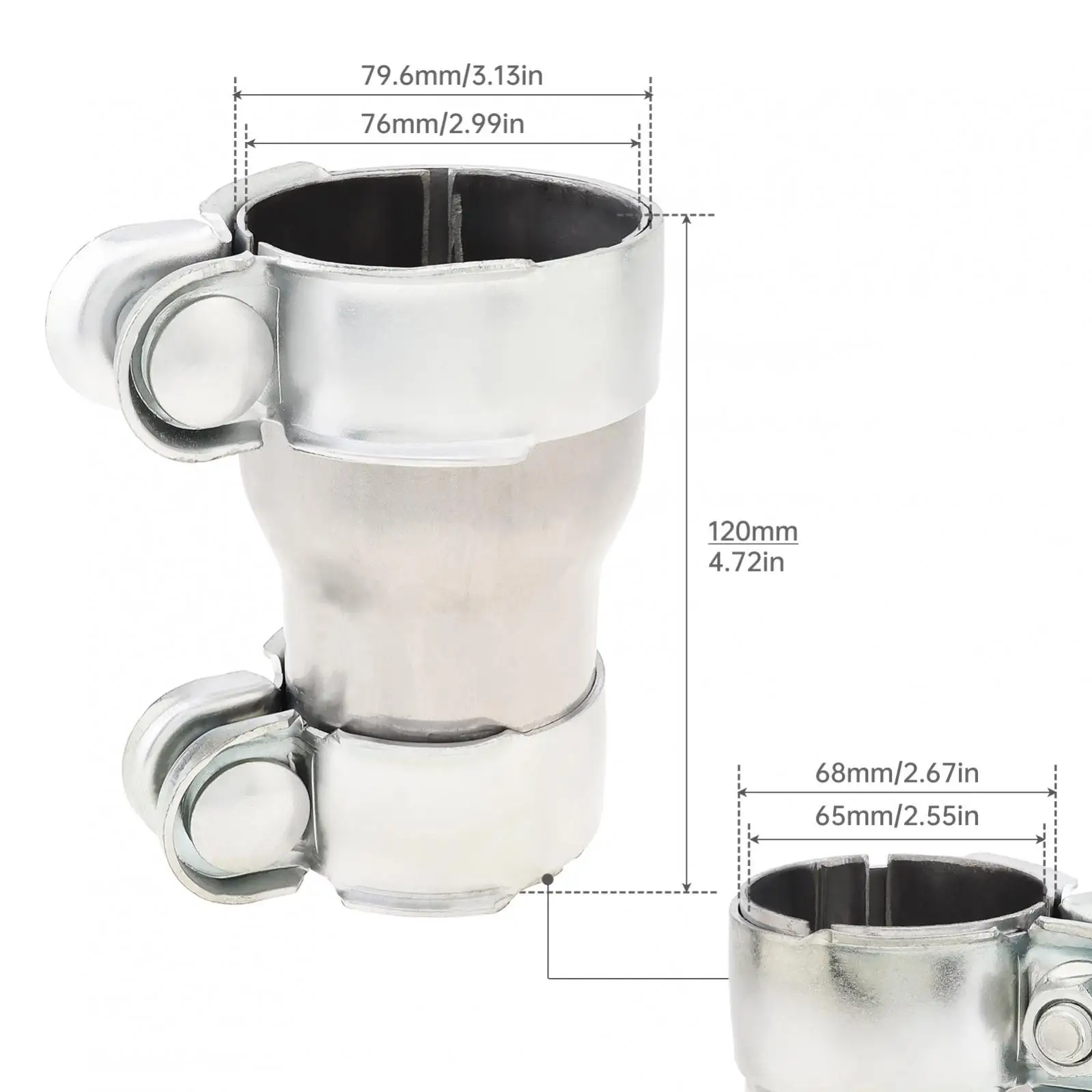 2.5 to 3 Inch Double Clamp Reducing Pipe Exhaust Adapter, Carbon Steel Exhaust Pipe Adapters