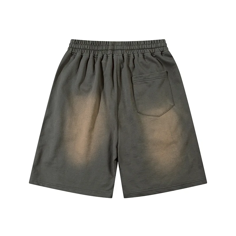 Men Vintage Gradient Washed Cargo Shorts Rivet Drawstring Elastic Waist Loose Wide Leg Shorts Gothic Casual Short Pants