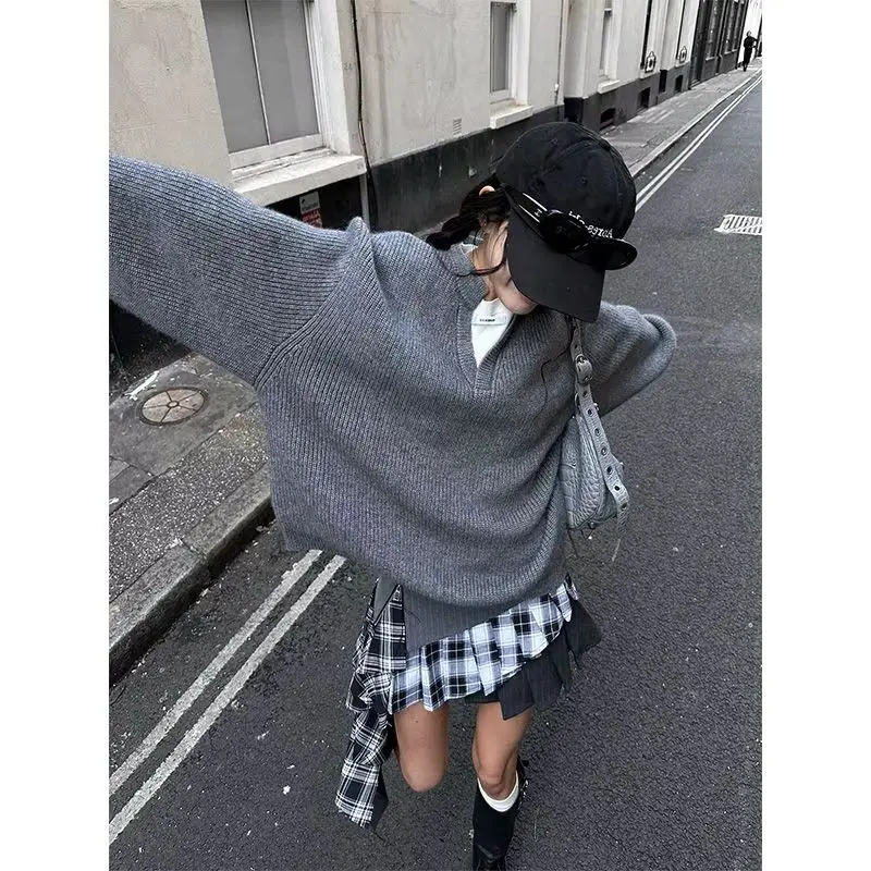 

American Grey Fake Two Piece Loose Sweater Autumn/Winter Irregular Splicing Checkered Short Skirt Set Female Clothing