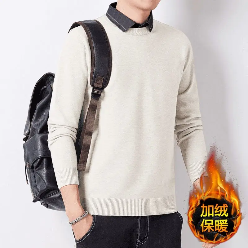 Autumn and Winter Tops Shirt Collar Men's Fake Two-piece Sweater Bottoming Velvet Thickened Sweater Long-sleeved Pullover