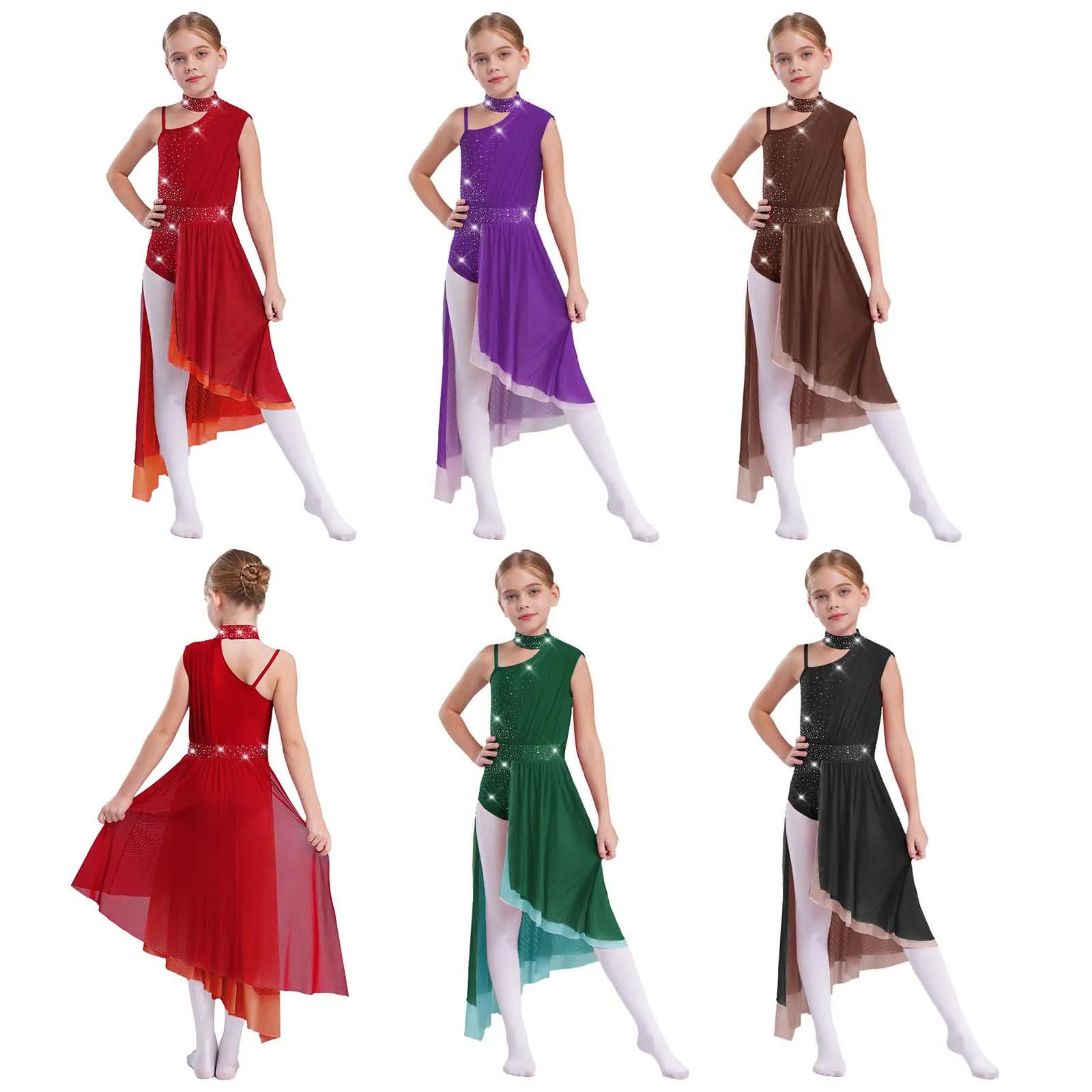 Costume da ballo lirico per bambina, body senza maniche, ritaglio sul retro, costume da spettacolo asimmetrico in rete trasparente