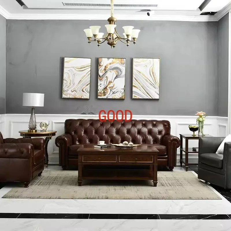Living room retro single and double three-person oil wax leather simple European leather sofa combination
