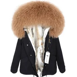 MAOMAOKONG-Chaqueta bomber de piel auténtica para mujer, abrigo corto de lana de Mongolia natural, Parka con forro de conejo, invierno, 2023