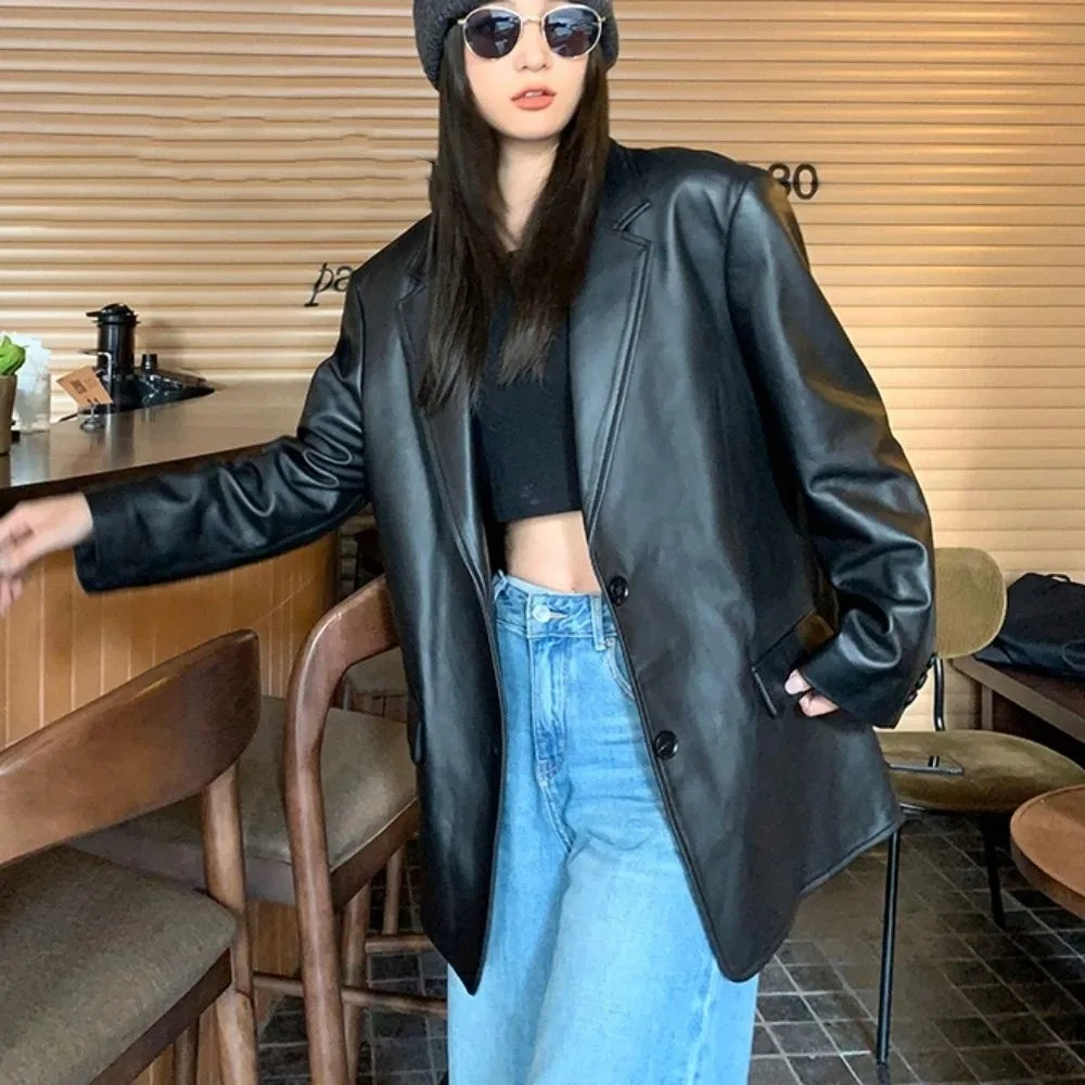 

Lapel Collar Leather Jacket Women Korean Chic Outerwear Vintage PU Coats Retro Loose Windbreaker Jackets Autumn/Winter
