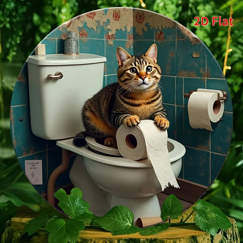 1 Stück Verspielte Katze auf Toilette Wandkunst - 2D Flache Aluminium-Plakette, Ideal für Heim- und Feiertagsdekoration, Perfektes Geschenk für das Wohnzimmer
