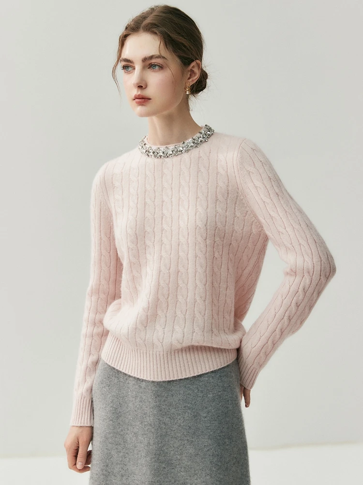 

Luxury Sweet Autumn Winter Sweater Women's 100% Cashmere Sweater Pullover O-Neck Diamonds Twist Flower Long-Sleeve Knitted Tops