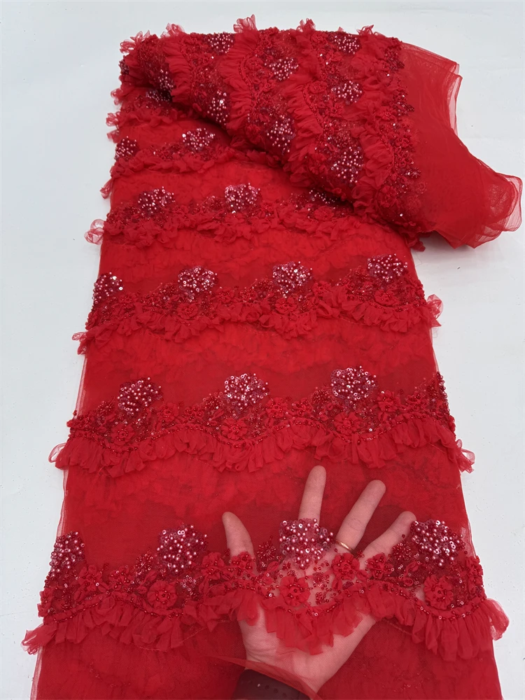 African Mesh Lace Fabric Nigerian Beads Lace Fabric Sequin  High Quality French Nigeria Lace Dresses for Women Party Wedding