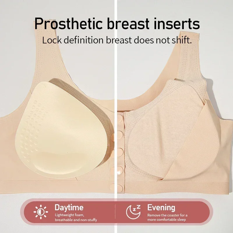 Ice Silk Bra with Natural like Prosthesis Combo No Binding Postoperative Bra Elastic Women Underwear Front Button Large Size Bra