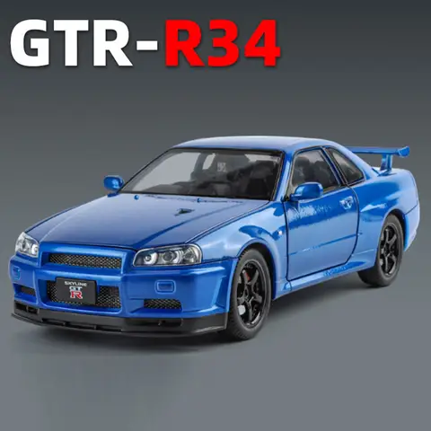 1/24 스케일 닛산 스카이 라인 GTRR34 모델 자동차 합금 다이 캐스트 장난감 고무 타이어 차량 4 문 열린 장난감 자동차 어린이를위한 최고의 선물