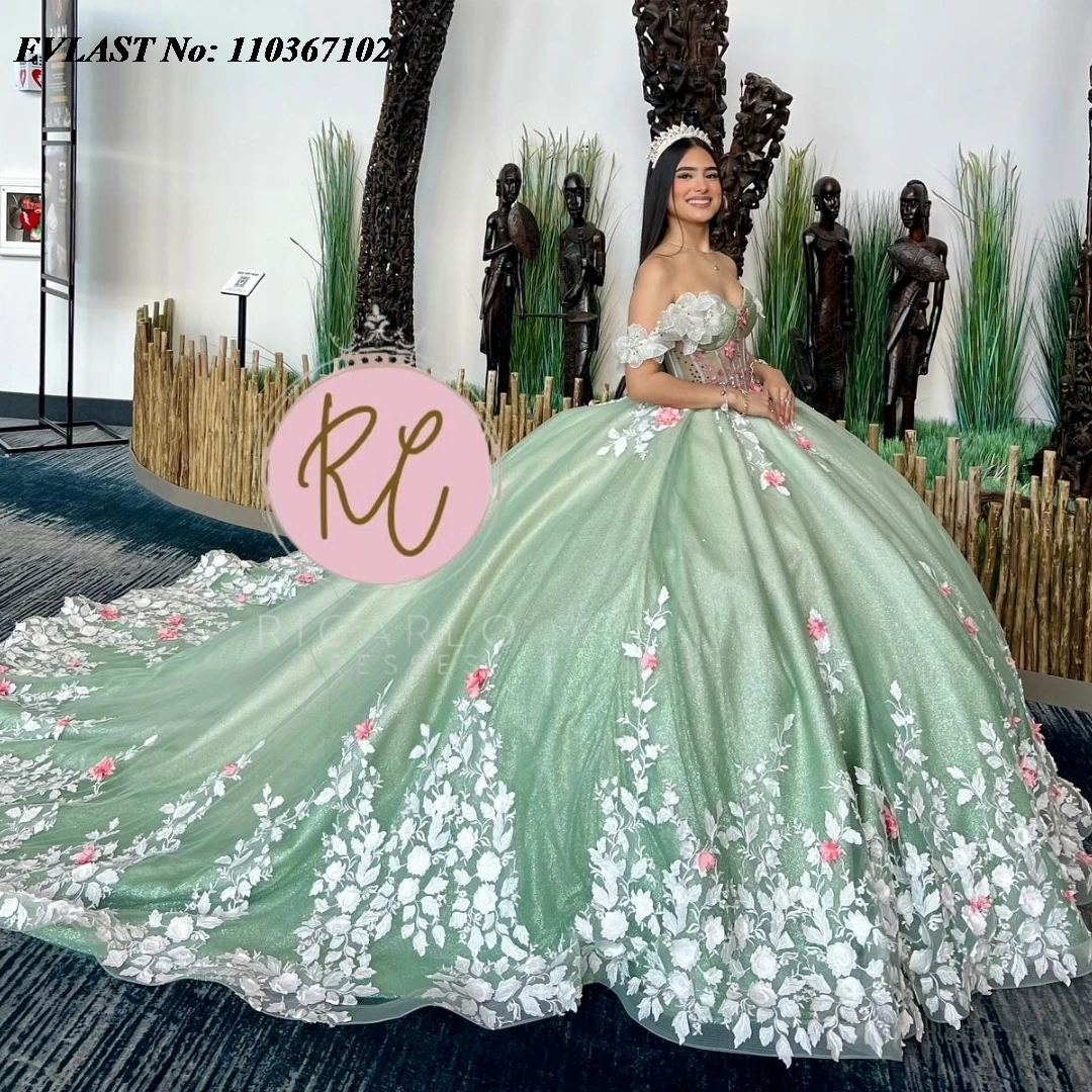 

EVLAST Customized Mint Green Quinceanera Dress Ball Gown 3D Flowers Lace Applique Beading Corset Sweet 16 Vestidos De Anos SQ355