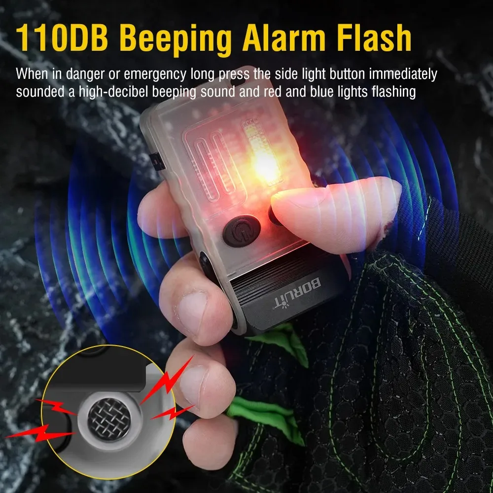 BORUiT V20 LED Flashlight Keychain 180°Rotation UV Magnetic Beep Clip USB-C Rechargeable Camping Fishing Torch Alarm Emergency