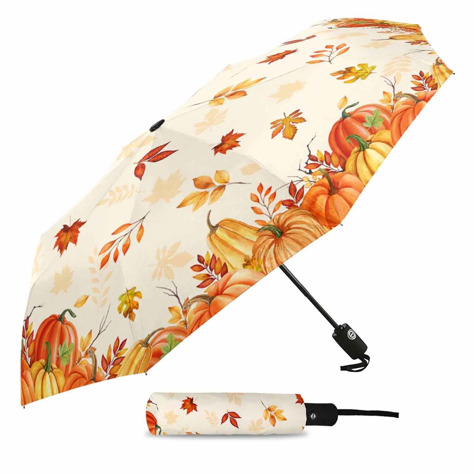 Thanksgiving Pumpkin Fallen Leaves Automatic Umbrella Portable Folding Sunny and Rainy Umbrella Women Parasol Umbrella