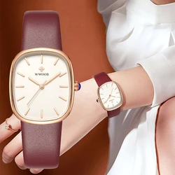 WWOOR Ladies Watch For Women Fashion Elegant Dress Waterproof Leather Wrist Watch Quartz Square Small Clock Woman Reloj Mujer