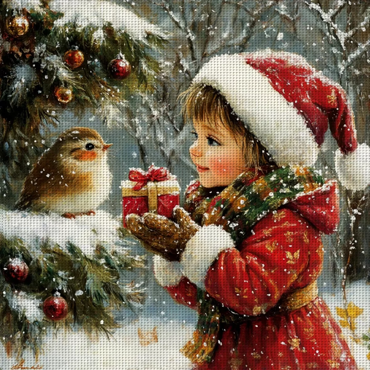 DIY Vintage Winter Xmas Art Diamond, Santa Hat Child Red Coat Robin Bird Pine Ball Snowflake Home Wall Decor Gift
