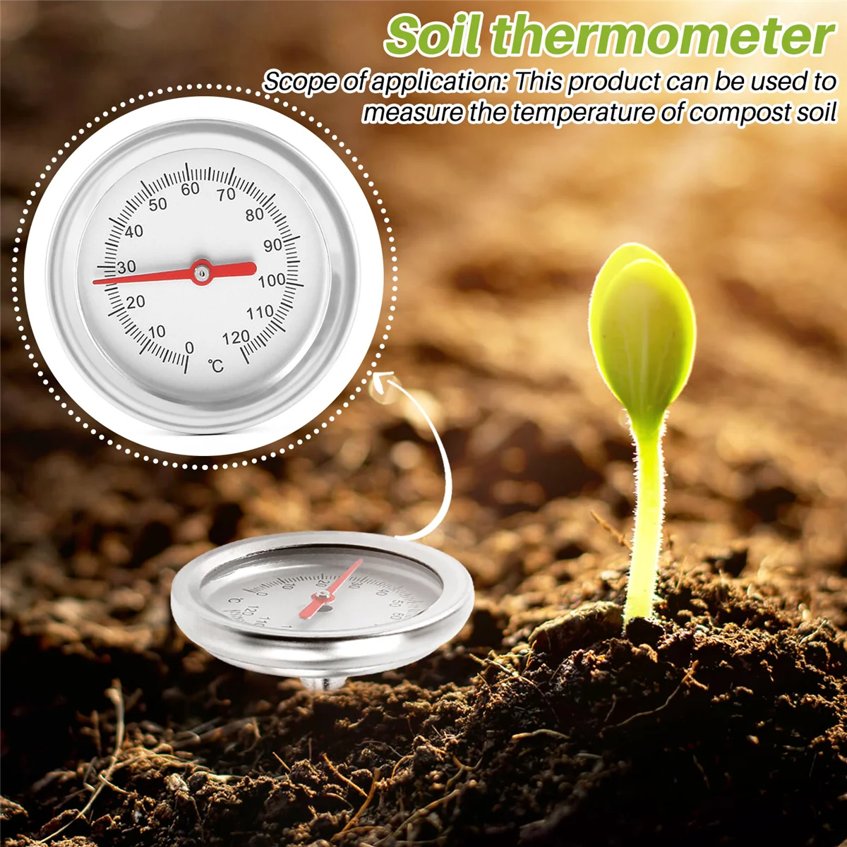 Termómetro de suelo de Compost, Detector de sonda de medición de acero inoxidable de grado alimenticio Premium, 20 pulgadas, 50 Cm de longitud