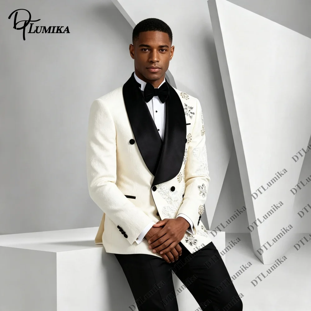 Tailored Ivory Floral Decor Men Tuxedo 2‑Piece Jacket Pants Luxury Statement Outfit for Groom Wedding Banquet Bachelor Party