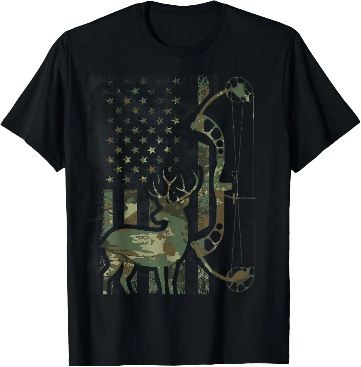 Camo American Flag Buck Hunting Men Recurve Bow Hunter T-Shirt