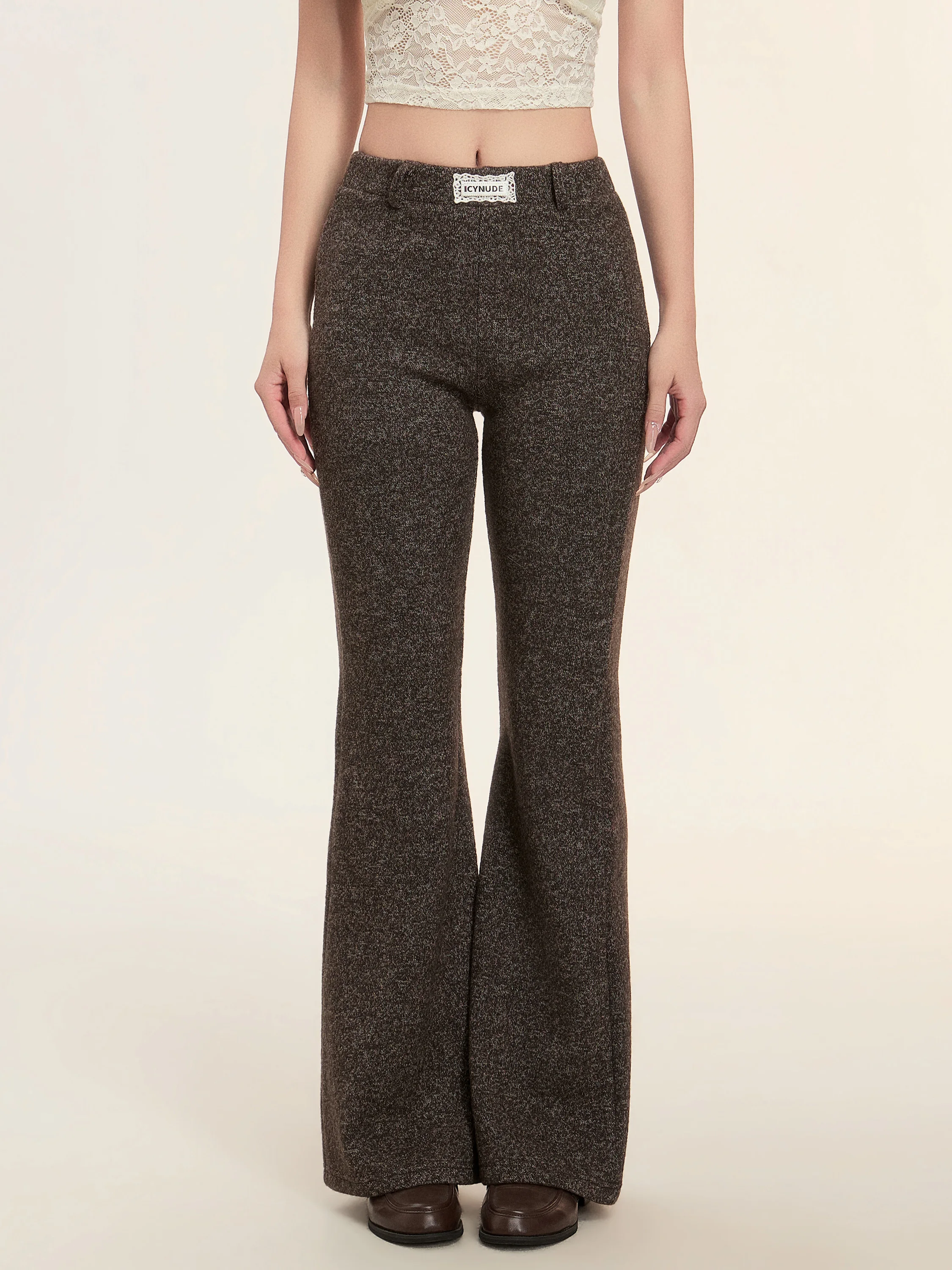 

Расклешенные повседневные брюки с высокой талией, женские модные универсальные утягивающие длинные брюки кофейного цвета, осень-зима, магазин IcyNude