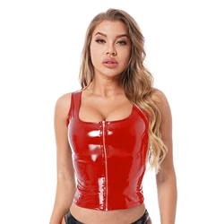 Womens Latex Top Zipper Patent Leather Tank Tops Wet Look Exotic Festival Clothing U Neck Sleeveless Vest Pole Dance Rave Outfit