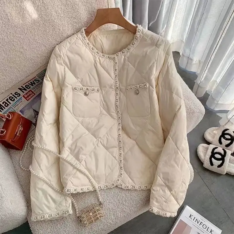 White Short Jacket For Women\'s Winter 2023 New Patchwork Round Neck Loose And Lightweight Cotton Jacket