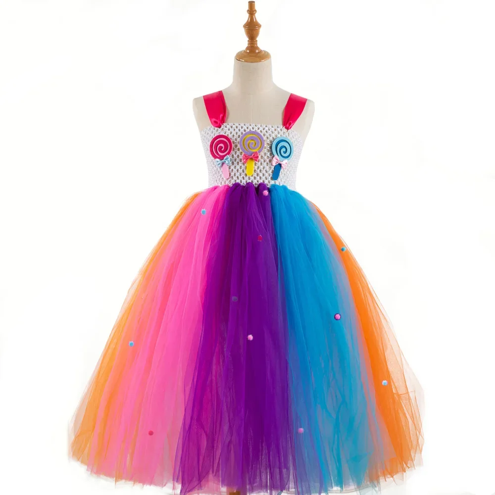 Sweet Candy Tutu Dress Girls Kid Rainbow Fuzzy Ball Bow Lollipop Costume Toddler Child Birthday Party Dress Up Clothes 1-12years