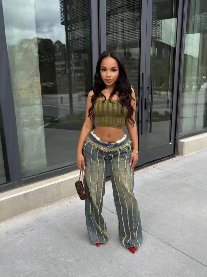 Calças de brim femininas outono inverno moda solta emenda borla estiramento denim calças rua wear casual em linha reta carga jeans